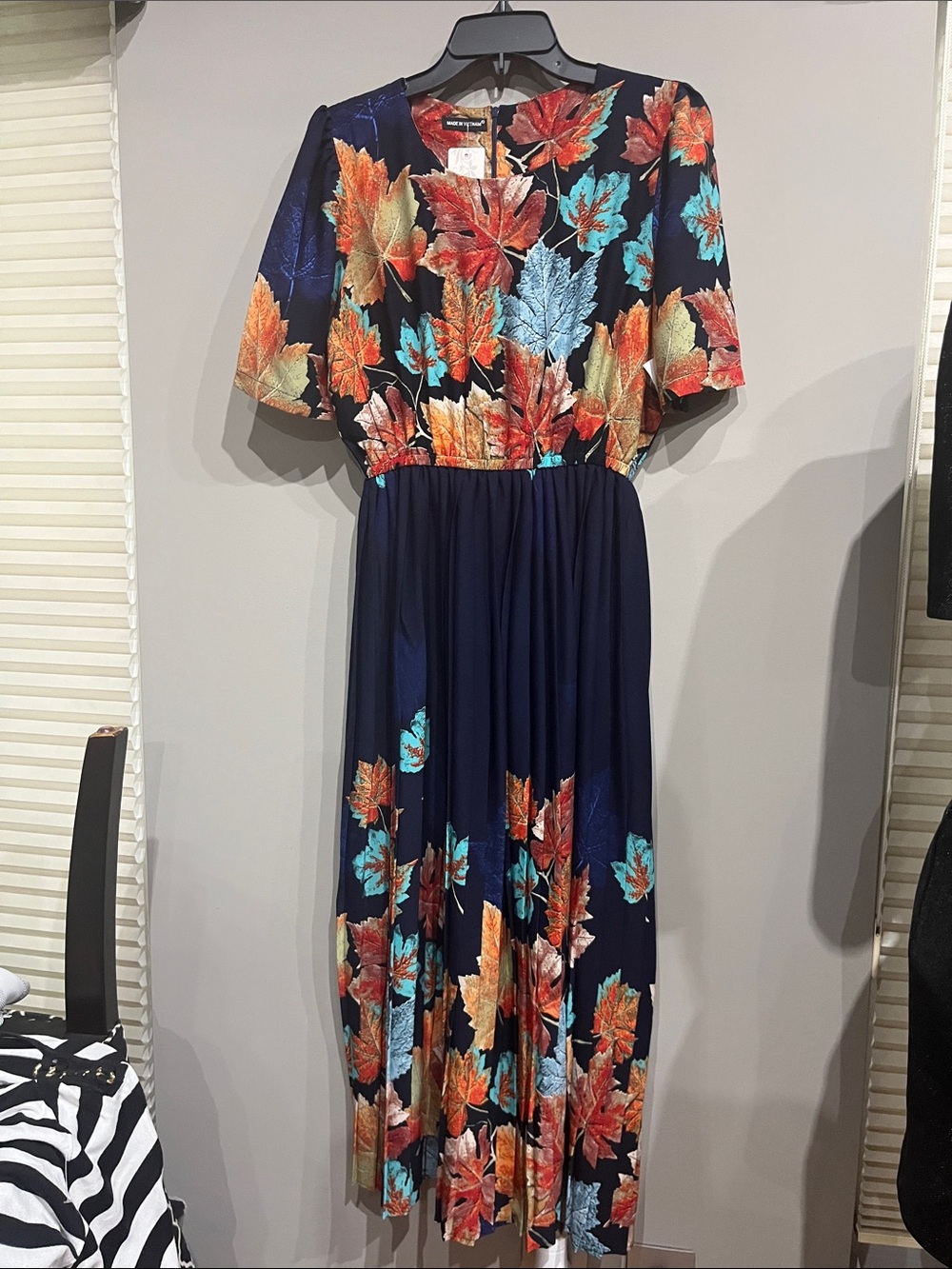 Women’s Navy Leaf-Print Midi Dress - Floral Fall Colors